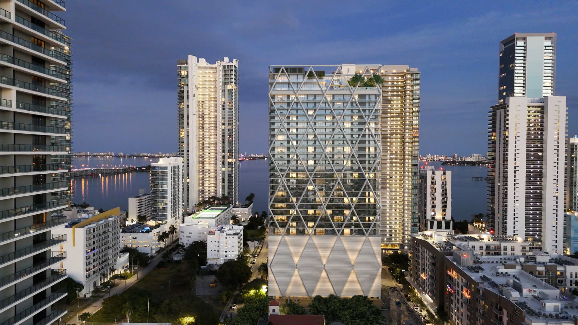 HQ Residences Miami tower rendering at night in Edgewater